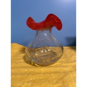 Vintage Hand Blown Art Glass Vase Clear with Red Ruffled Rim  6" Murano Style